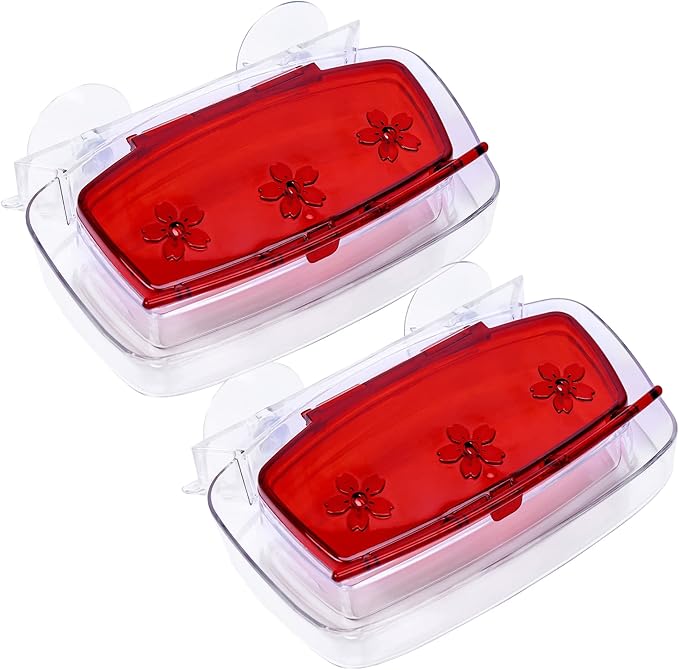 Juegoal 2 Pack Window Hummingbird Feeder, Bird Feeding Tray with 3 Feeding Stations, Outdoor Hummingbird Perch, 8-Ounce