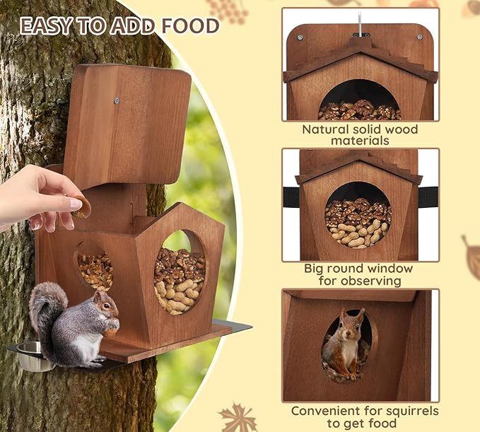 Wood Squirrel Feeder, Durable Hanging Squirrel Boxes for Outside Large Capacity Outdoor Squirrel House for Corn Cobs, Peanuts & Nuts - Funny Feeding Station for Squirrels & Chipmunks