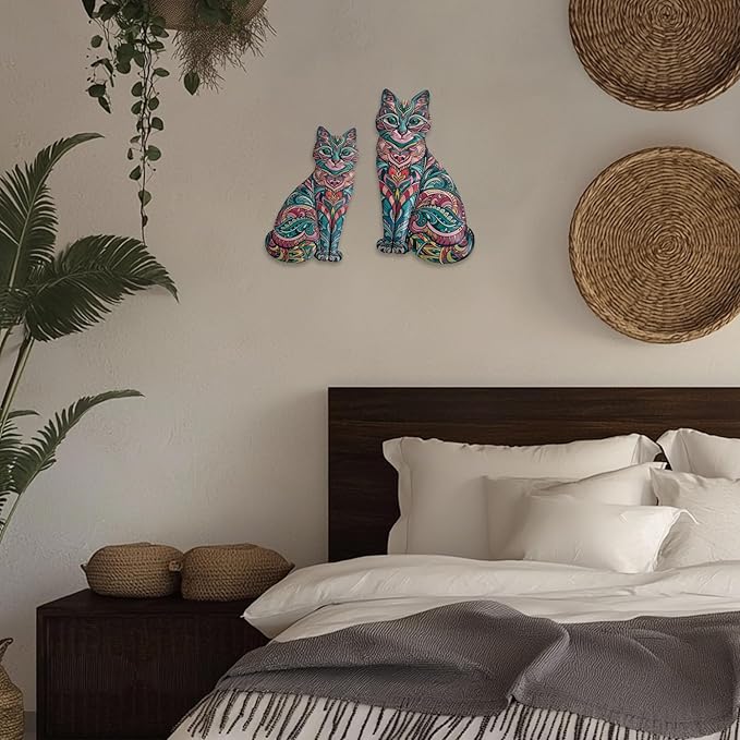 LIFFY Boho Cat Metal Wall Decor - Cute Hanging Meal Wall Art, Farmhouse Decor Meets Mid-Century Bohemian, Modern Decoration, Lovely Cat Gifts, for Women