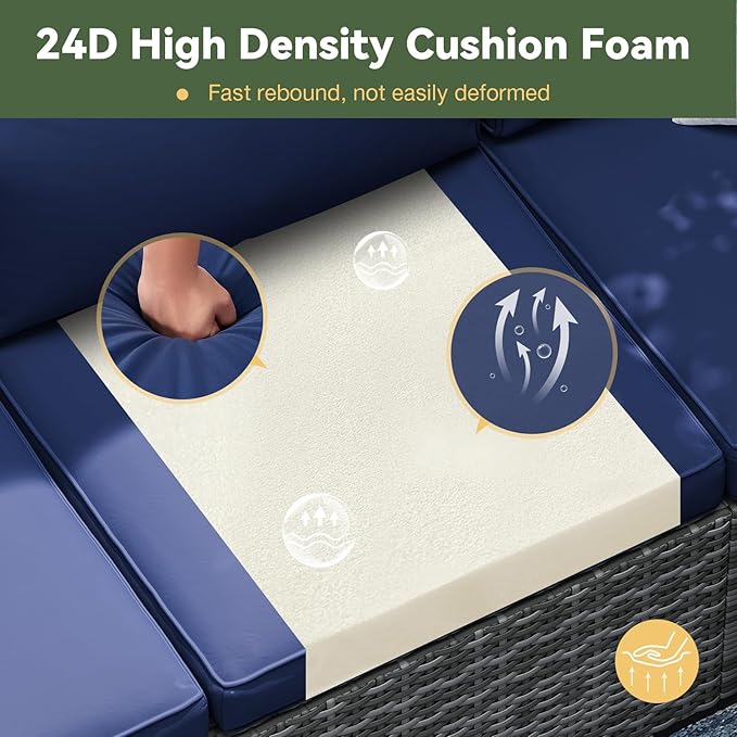 Aoxun Replacement Cushions for Outdoor Furniture, 14-Piece Outdoor Cushions for Patio Furniture, Deep Seat, Waterproof & Fade Resistant Couch Cushion for 6-Seat Patio Conversation Sets, Navy Blue