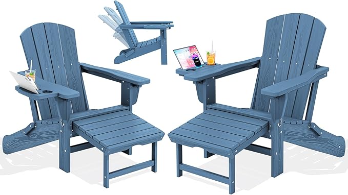 KINGYES Adjustable Folding Adirondack Chair with Footrest & 4-in-1 Multi-Functional Armrest Organizer, HDPE Foldable Recliner Adirondack Chair with Pull-Out Ottoman, Blue