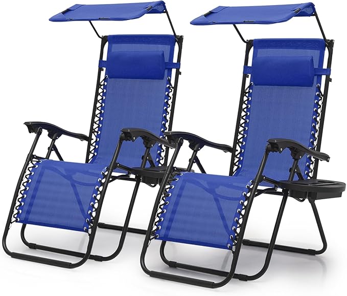 Magshion Zero Gravity Chair with Canopy Set of 2, Reclining Outdoor Patio Lounge Chair, Folding Anti Gravity Recliner, Portable Lounger with Removable Cup Holder Side Tray and Pillow Headrest (Blue)