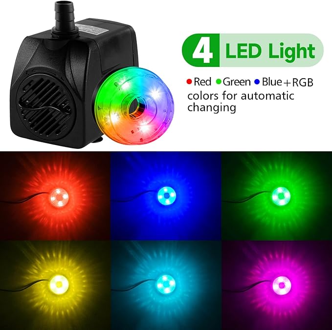 15W 800L/H Submersible Pond Fountain Pump with LED Lights, Ultra Quiet Water Pump, Pond Fountain Pumps for Small Pond, Koi, Garden, Aquariums, Fish Tanks, Indoor Outdoor Fountain 3 Type Nozzles