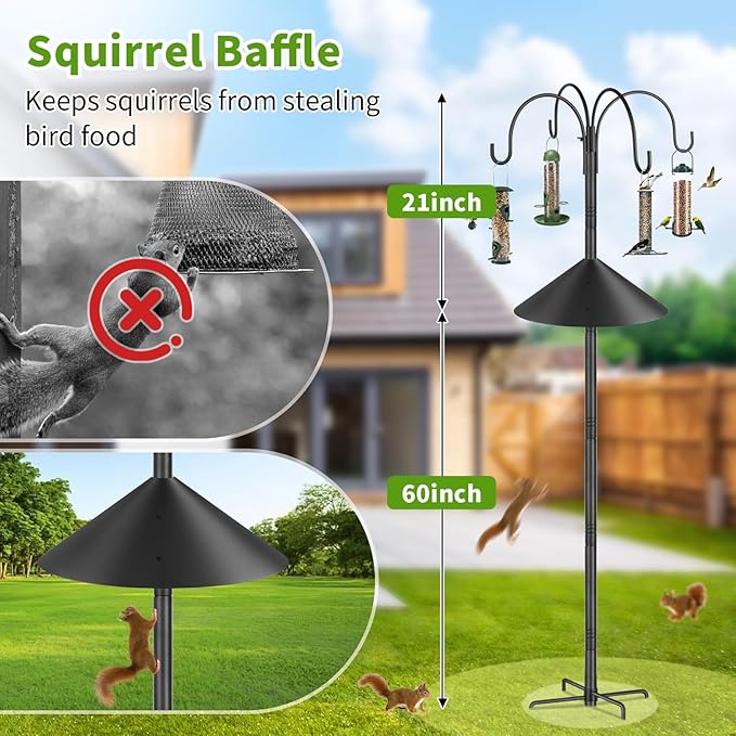 Bird Feeder Pole Stand Squirrel Proof for Outdoors Heavy Duty Shepherds Hook for Bird Feeder with Baffle, 88in Tall Double Garden Hooks for Hanging Plant Light, 1 Pack