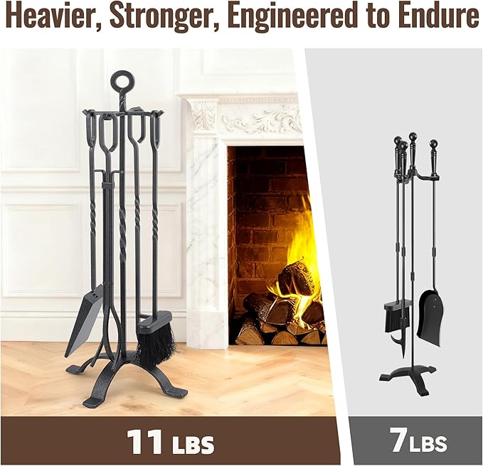 Amagabeli 5 Pieces Fireplace Tools Sets Wrought Iron Indoor Fireplace Set with Poker Tongs Broom Shovel Stand Fire Tools Outdoor Rustic Fire Poker Set Fire Place Hearth Accessories Sets Antique Pewter