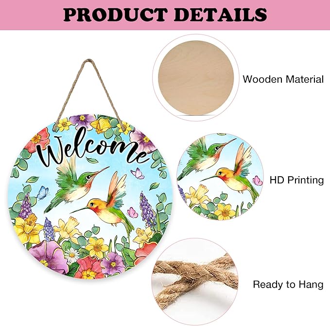Welcome Spring Summer Hummingbird Front Door Sign, Daffodil Morning Glory Flower Wood Door Hanger Outdoor Outside Porch Decor, Hyacinth Floral Wooden Wreath Indoor Wall Hanging Decoration