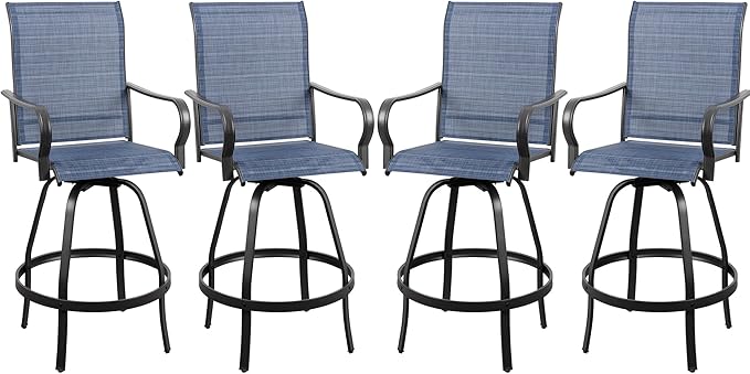 Vongrasig 4 Piece Patio Swivel Bar Chairs, All Weather Metal Textile High Swivel Bar Stools Chairs, Outdoor High Top Bistro Set for Backyard, Lawn Garden, Balcony, Denim Blue