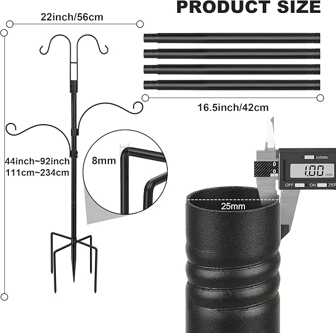 Bird Feeder Pole with 4 Multiple Shepherds Hooks for Outdoor, Heavy Duty Standing Bird Feeding Station Pole - 92 Inch Height Adjustable Bird Feeder Stand with 5 Prong Base for Large Bird Feeders