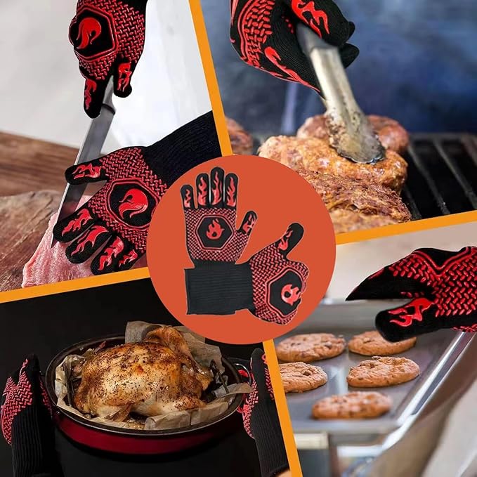 BBQ Grill Gloves Heat Resistant 1472℉ High Temp Resistance Fireproof Glove for Grilling Smoking Barbecue Washable Long Oven Extreme Hot Proof Mittens for Kitchen Baking (Red)