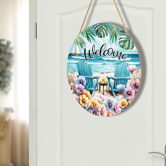 Welcome Spring Summer Sea Chair Door Sign For Front Door Decor,Coastal Beach Palm Leaf Flowers Wooden Sign 12"x 12" Round Summer Hanging Door Sign Decoration for Wall Rustic Decor