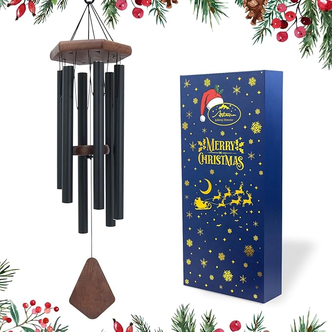 Wind Chimes for Outside, Black Aluminum Wind Chime with Wind Catcher, Garden & Patio Outdoor Decor, Deep Tone Tuned Windchimes, for Men and Women, Box Included