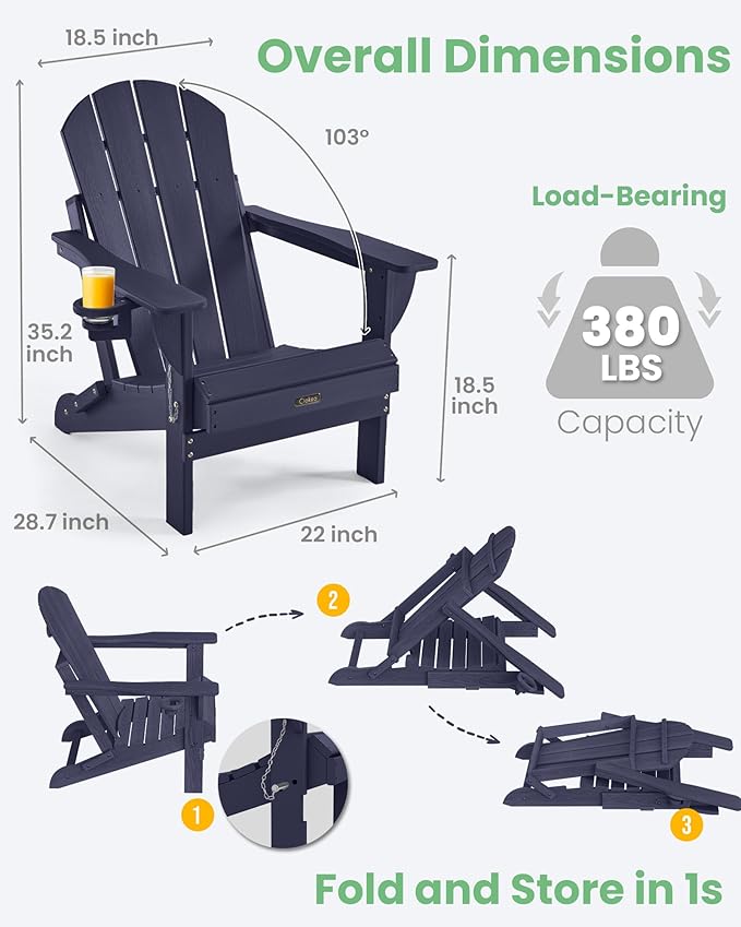 Ciokea Folding Adirondack Chairs Set of 2, Patio Adirondack Chair Weather Resistant, Plastic Fire Pit Chair with Cup Holder, Lawn Chair for Outdoor Porch Garden Backyard Deck, Dark Navy Blue