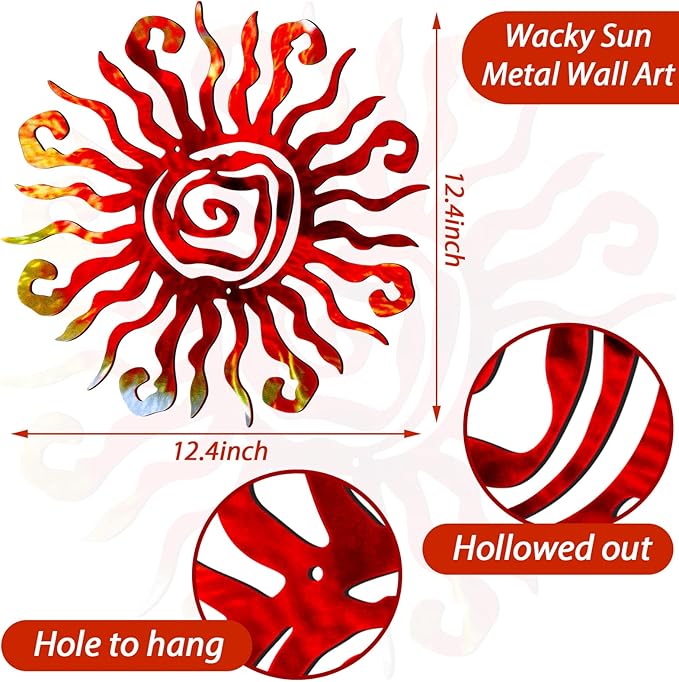 Moxweyeni 12 Inch Sun Metal Wall Art Outdoor Decor Wacky Large Sun Metal Art Sun Wall Decor Pool Decorations for Home Bedroom Living Room Office Garden(Red)