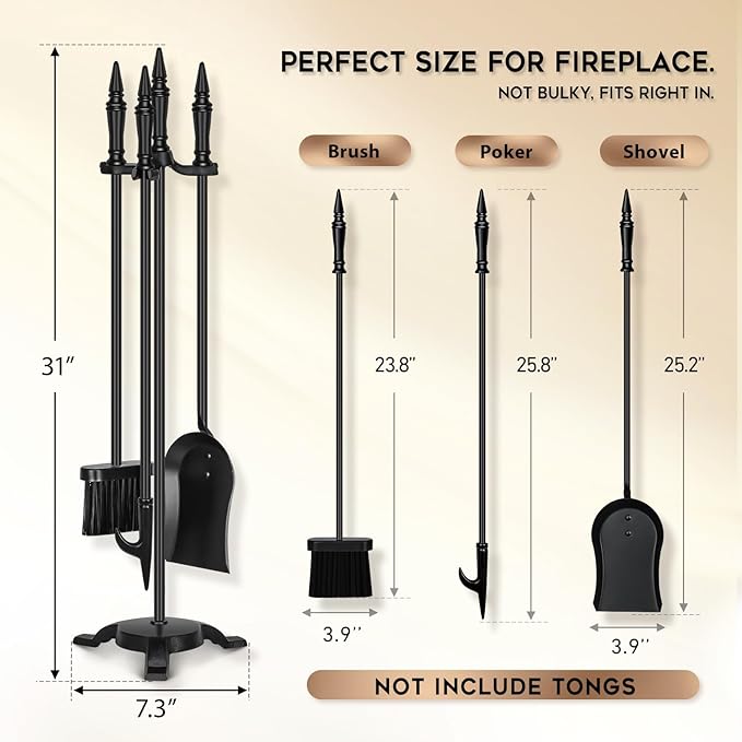 FEED GARDEN 4-Piece Fireplace Tool Set - 31” Wrought Iron Fire Tools with Poker, Shovel, Brush & Stand - Indoor/Outdoor