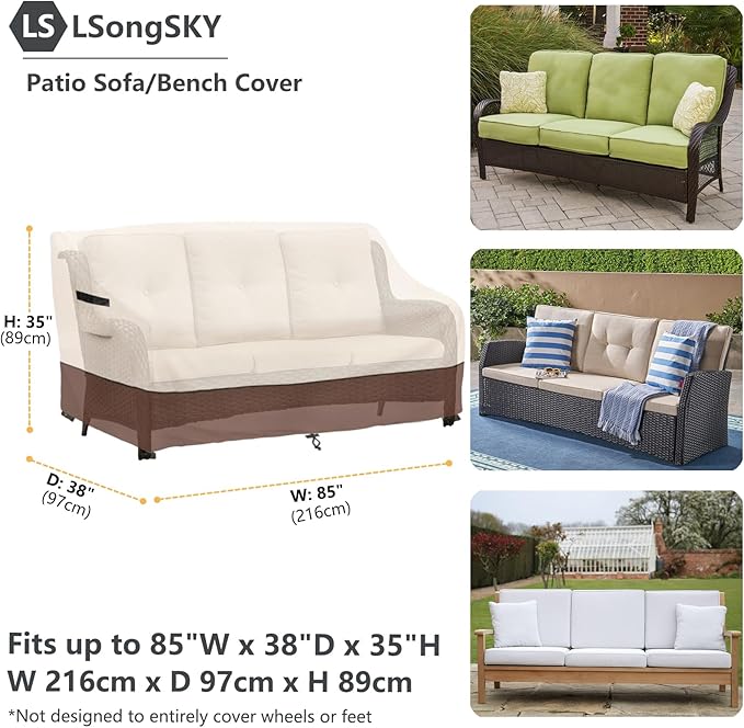 Patio 3-Seater Sofa Cover,Outdoor Couch Cover Fits up to 85W x 38D x 35H Inches,100% Waterproof Heavy Duty Patio Furniture Covers,Beige&Brown