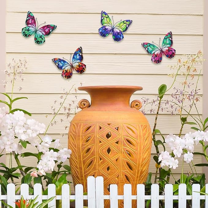 4 Pcs Metal Butterfly Wall Decor Art, Colorful Butterflies Outdoor Wall Art, Hand Craft Outdoor Garden Decor for Fence, Patio, Yard Decoration