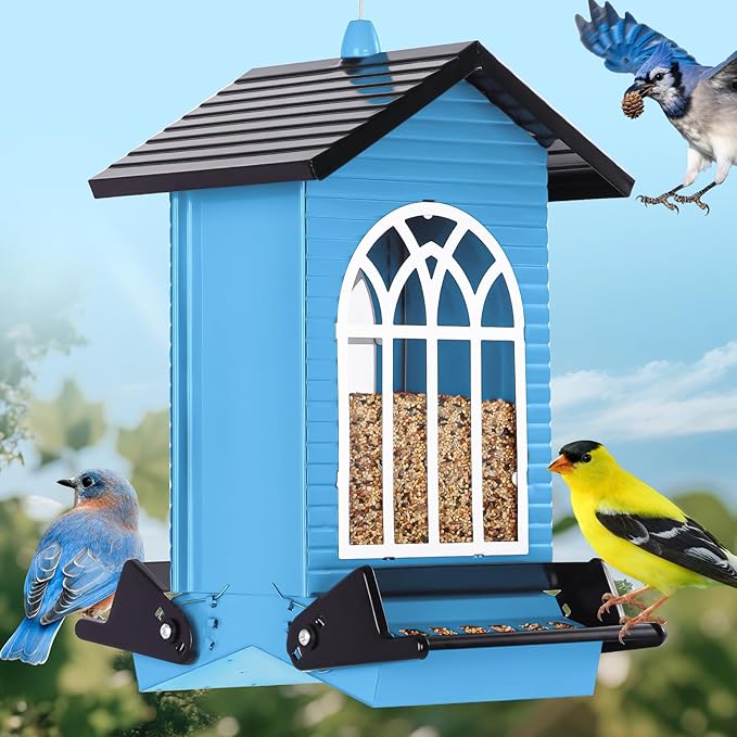 Squirrel Proof Bird Feeder for Outdoors,5LB Large Capacity,Metal Wild Bird Seed Feeder with Bilateral Weight-Activated Perches for Outside Hanging,Garden Decoration,Blue