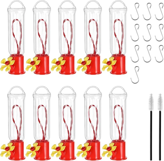 10 Pack Small Hummingbird Feeder for Outdoors Mini Hummingbird Feeders with S Hook Cleaning Brush Plastic Single Hummingbird Feeders for Outdoors Window Hanging