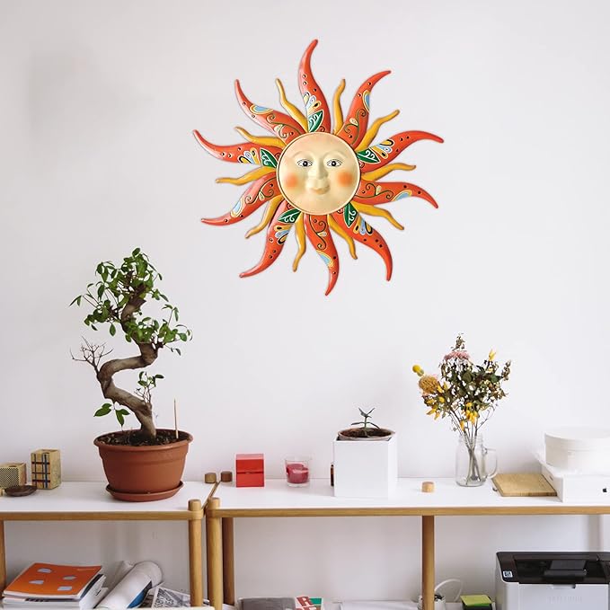 Metal Sun Wall Art Decor,17.3Inches Sun Face Garden Sculptures Statues Wall Art Decorations for Indoor and Outdoor, Room Garden Porch Fence Balcony Patio Decor