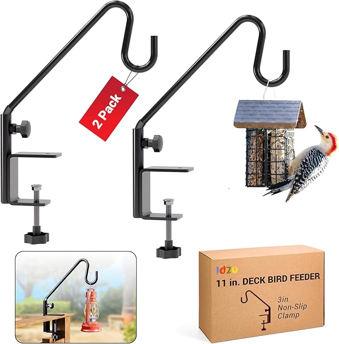 Idzo Deck Bird Feeder Hanger for Railing, 11inch Deck Hook for Bird Feeder Pole, Durable 3 Layers Powder Coated & Sturdy 1 Piece Solid Steel Construction for Hanging Decorations, 2 Pack