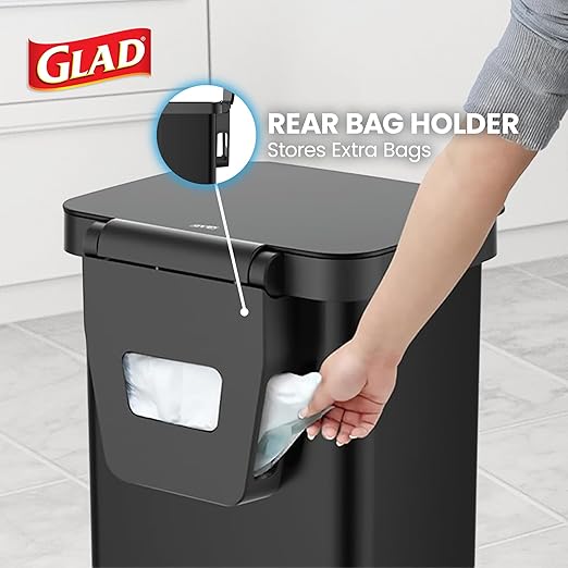 Glad Stainless Steel Step Trash Can, Series 2 with Clorox Protection - Large Black Kitchen Garbage Bin with Soft Close Lid, Foot Pedal and Waste Bag Roll Holder, 13 Gallon