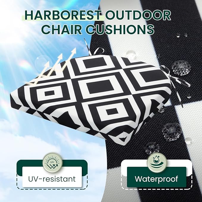 HARBOREST Outdoor Chair Cushions Set of 6, Water Resistant Patio Chair Cushions with Ties, Outdoor Seat Cushions for Patio Furniture, 17"x16"x2", Black/White Diamond