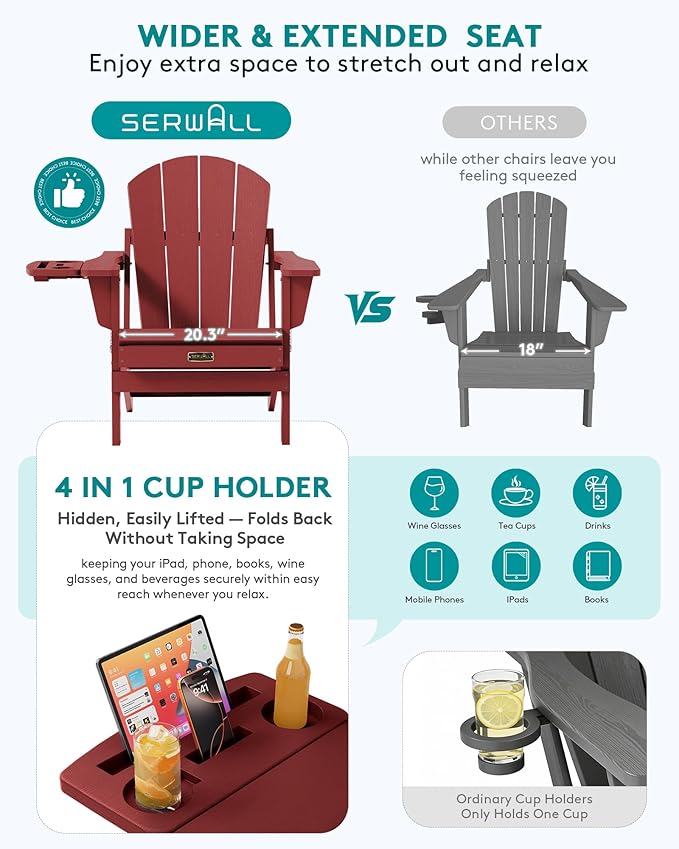 SERWALL Folding Adirondack Chair Set of 2, Outdoor Adirondack Chairs with 4 in 1 Cup Holder, Wood Texture Patio Chairs, Weather Resistant Fire Pit Chairs for Patio Deck Garden, Backyard - Red