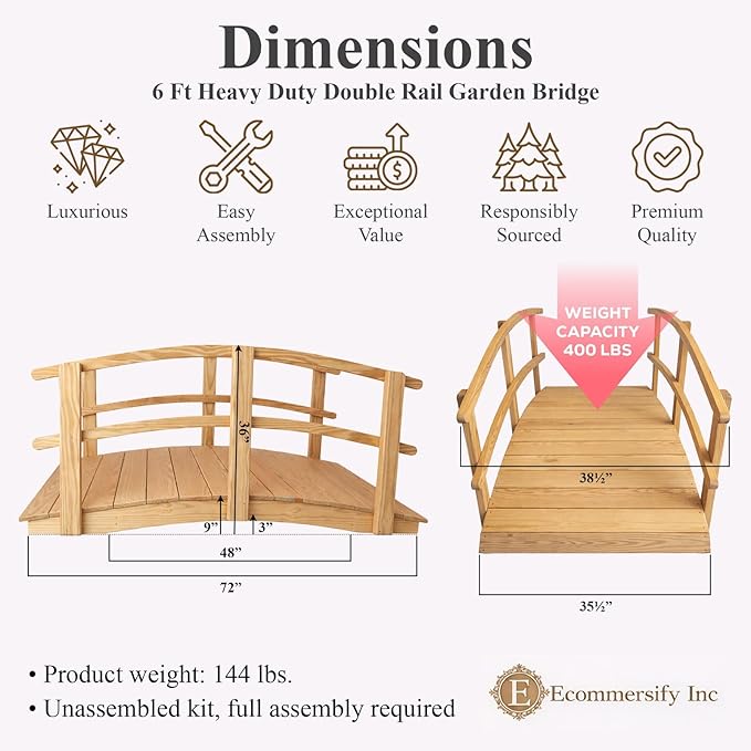 6 FT Natural Amish Made Garden Bridge with Double Rails for Walkway, Backyard Pond & Landscaping, Outdoor Wooden Footbridge for Koi Pond, Japanese Style Decorative Bridge, Made in USA