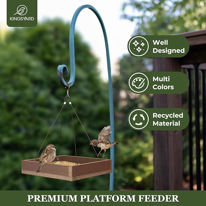 Kingsyard Platform Mealworm Bird Feeder for Outside, Recycled Plastic Hanging Tray Bird Feeders with Large Capacity 3.5 lbs, Premium Quality & Durable, Great for Attracting Wild Birds, Brown