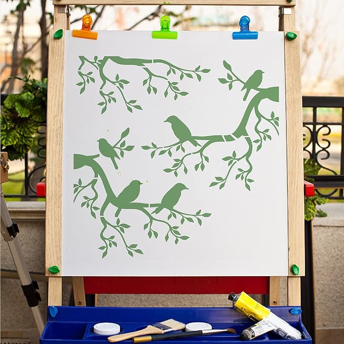 GORGECRAFT Tree Stencil Template Bird Large 11.8x11.8 Inch Reusable Birds on Tree Stencil Leaf Silhouette Sign Home Decor Hummingbird Template for Painting on Wood Wall Scrapbook Card Floor Drawing