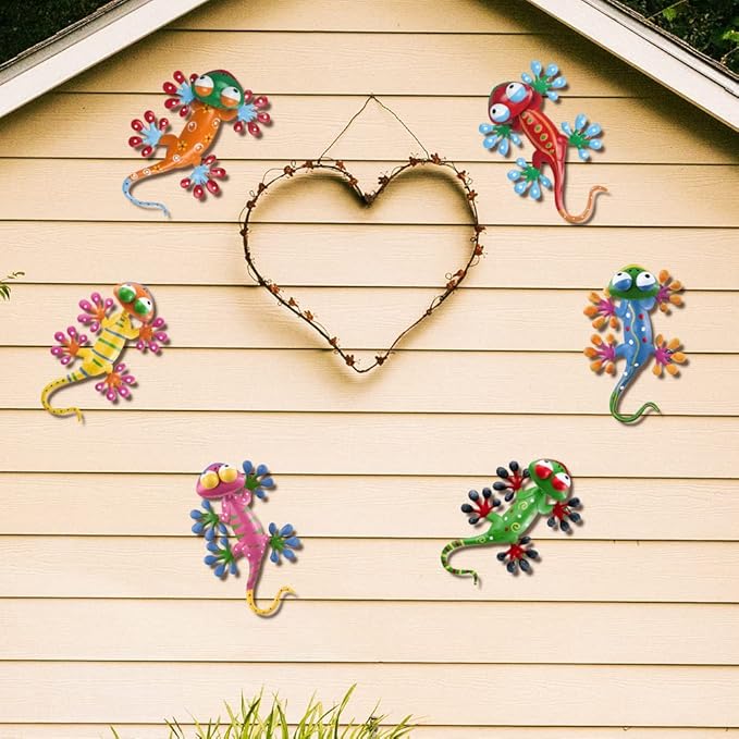 YEAHOME 6 Pack Metal Geckos Inspirational Wall Art, Mexican Outdoor Wall Decor with Shaking Head, Lizard Wall Sculptures & Statues for Farmhouse, Porch, Patio, Lawn, Fence