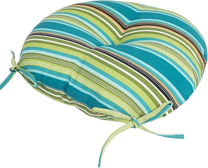 Bistro Chair Cushions 15 inch,Set of 2,Tufted Round Chair Cushions with Ties,15"x15"x4",Water Resistant Round Seat Cushion for Barstool Chairs,Patio Garden Kitchen Outdoor Furniture(Green Stripe)
