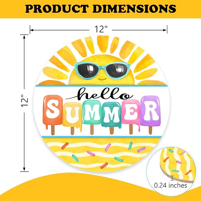 Hello Summer Sun Sunshine Front Door Sign, Popsicle Sunglasses Yellow Wood Door Hanger Outdoor Outside Porch Decor, Seasonal Wooden Wreath Indoor Wall Hanging Decoration