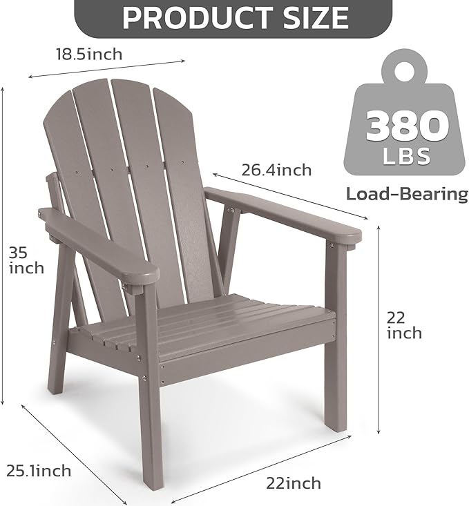 Adirondack Chair, HDPE All Weather Adirondack Chairs, Fire Pit Chairs, Patio Chairs, Lawn Chairs. Perfect for Porch, Patio, Poolside, Deck.