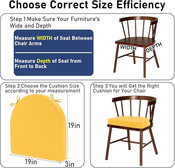 Topotdor Outdoor Chair Cushions Set of 4, 19"x19"x3" Waterproof Patio Chair Cushions for Outdoor Furniture, Round Corner Outdoor Seat Cushions Color Fastness Chair Pads with Ties, Yellow