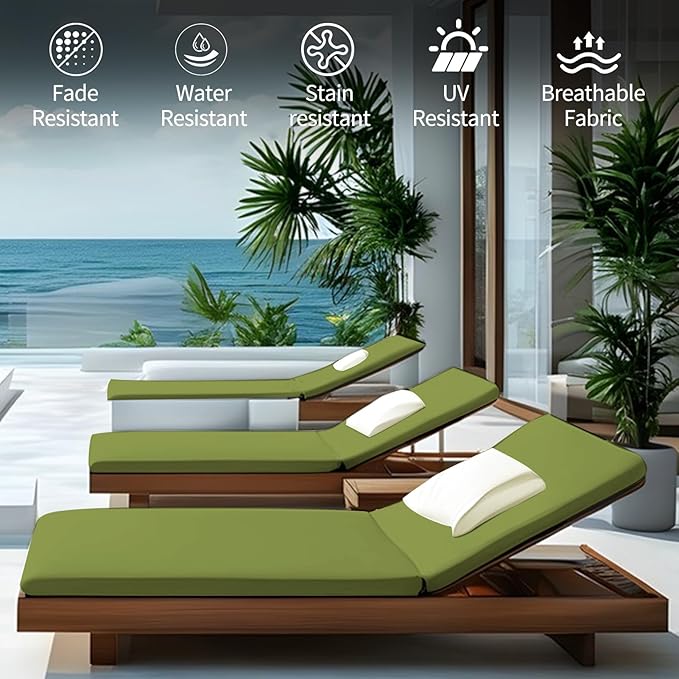Outdoor Chaise Lounge Cushions for Patio, 71"x22"x3" Lounge Chair Cushions, Waterproof Replacement Seat Pads for Outdoor Furniture (Green, 2 Pcs)