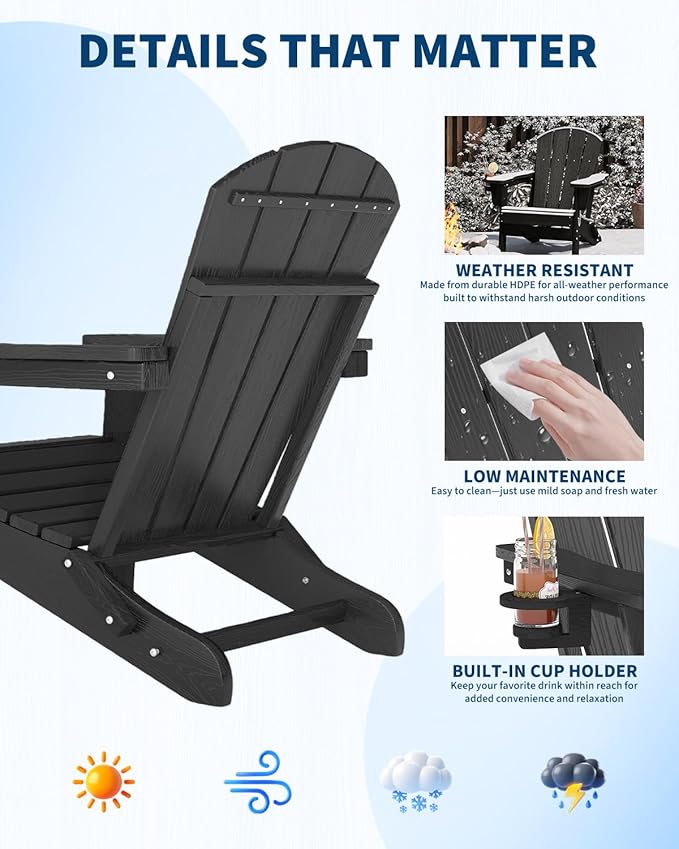 Folding Adirondack Chair Set of 2, All-Weather HDPE Outdoor Chair, Wooden Textured with Cup Holder for patios, Decks, Gardens, fire pits, Black