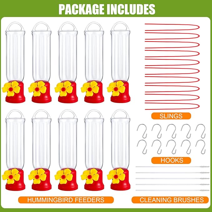 Sunnyray 10 Pack Small Hummingbird Feeder for Outdoors Mini Plastic Feeders with S Hook and Cleaning Brush for Outdoors Window Hanging