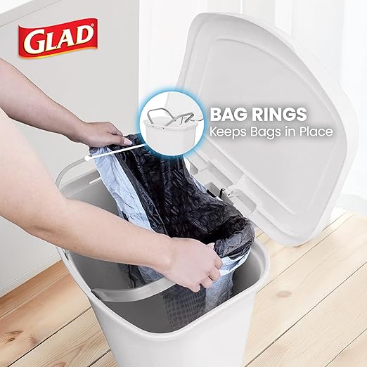 Glad 13 Gallon Trash Can | Plastic Kitchen Waste Bin with Odor Protection of Lid | Hands Free with Step On Foot Pedal and Garbage Bag Rings, 13 Gallon, White
