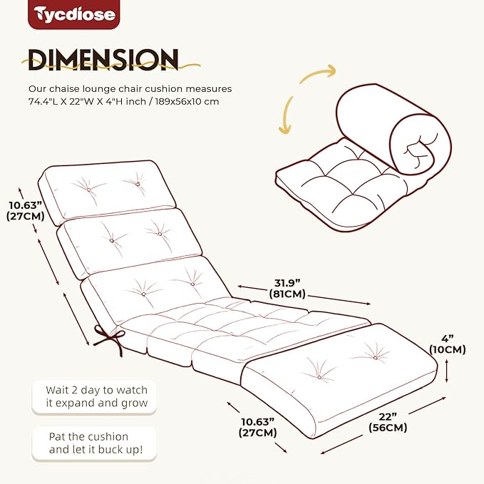 All Weather Chaise Lounge Cushions Outdoor Lounge Chair Cushion, Waterproof Memory Foam Chaise Lounger Chair Cushion Replacement for Outdoor Patio Furniture with Non-Slip Back and Ties, Red