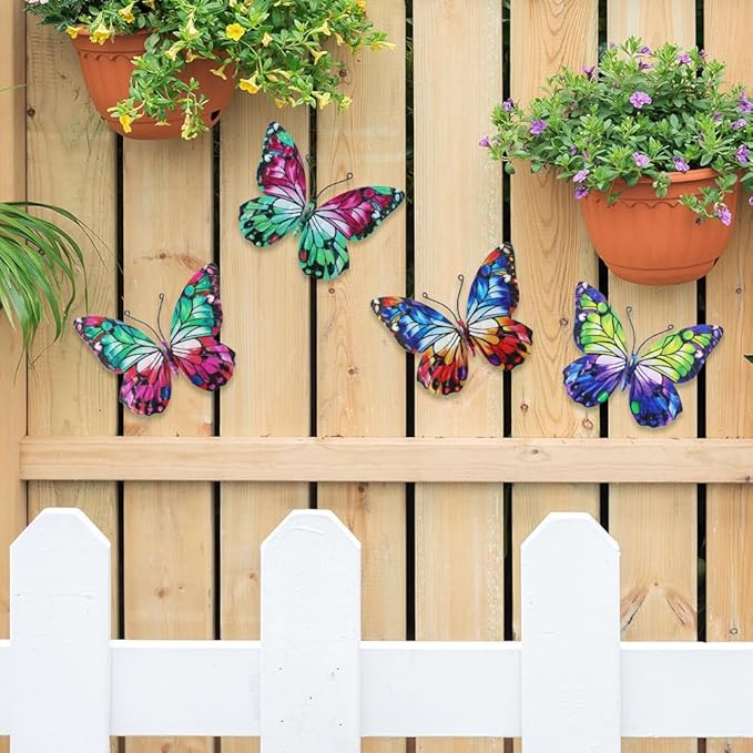 4 Pcs Metal Butterfly Wall Decor Art, Colorful Butterflies Outdoor Wall Art, Hand Craft Outdoor Garden Decor for Fence, Patio, Yard Decoration