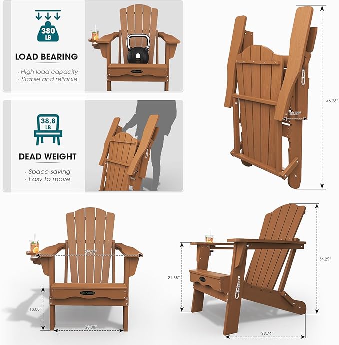Folding Adirondack Chair Set of 4,HDPE All-Weather Outdoor Chair with Cup Holder,Wooden Textured,Fire Pit Chair,Plastic Patio Chair for Deck,Backyard,Garden,Lawn(Wood)