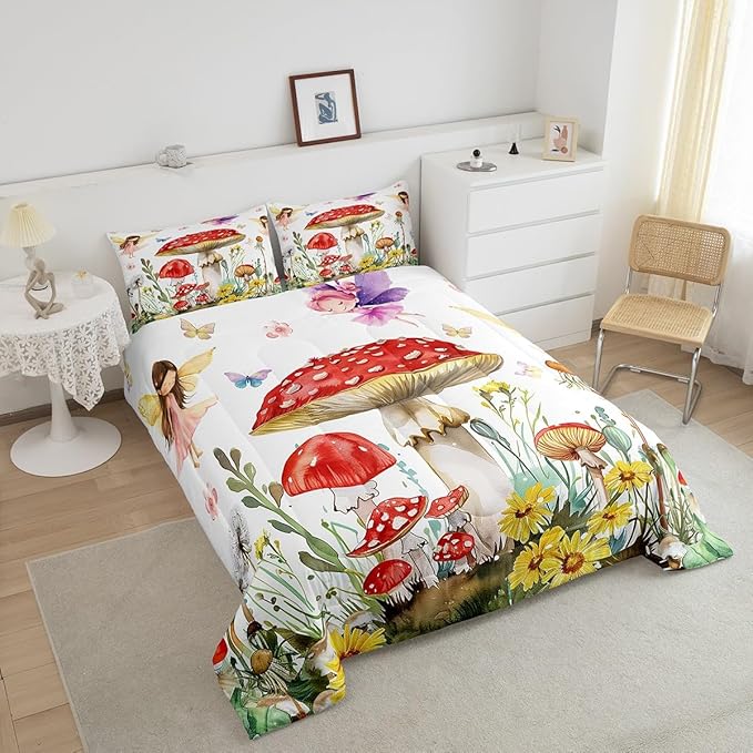 Erosebridal Fairy Garden Toddler Bedding Set,Kawaii Mushroom Comforter Sets for Kids Teen Girls,Cute Floral Butterfly Quilt Bed Set,Dreamy Fairy Flower Bedroom Decor,1 Pillowcase Breathable
