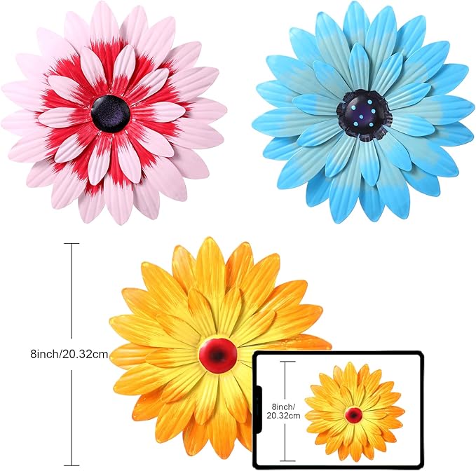 Hotop 3 Pcs Metal Flower Wall Art 3D Metal Daisy Wall Decor Multiple Layer Hanging Flower Rustic Farmhouse Boho Style Decorations for Indoor Outdoor Home Living Room Office Garden, 8 Inches(Stylish)