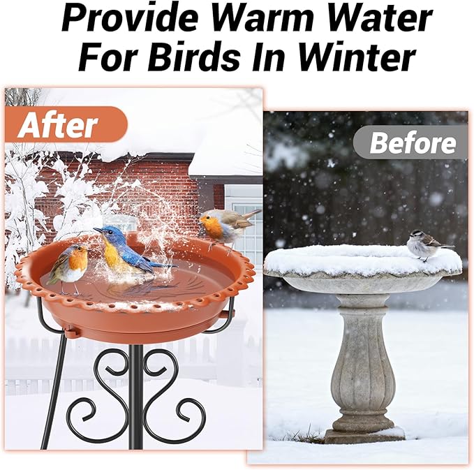 Heated Bird Baths for Outdoors,Upgraded 100W Thermostat Control Heated BirdBaths for Winter with Metal 5 Prong Base Heated Bird Bath for Outside Winter Garden Yard Patio Lawn (Brown)