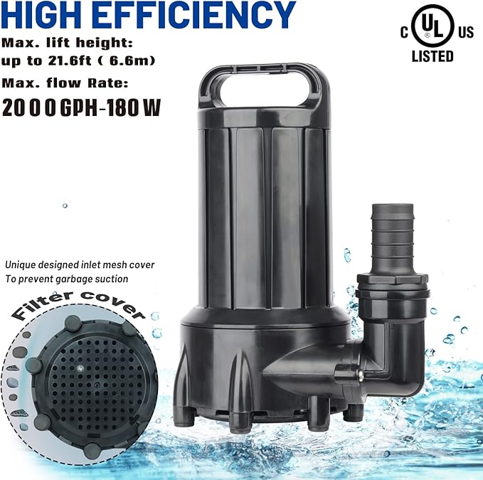 OYO WATER 2000GPH Submersible Outdoor Inline Pond Pump High Head Water Pump for Garden Waterfall Fountain Water Circulation for Koi Fish Pond