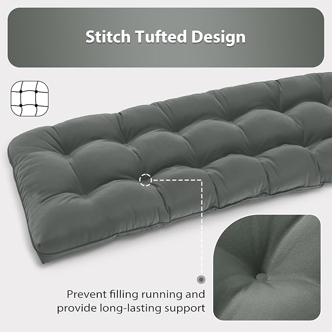 Tufted Bench Cushions for Outdoor Furniture, 59" x 18" Porch Swing Cushions Filled with Foam, Overstuffed Patio Cushions for Bench Loveseat with 2-3 Seats,Thick and Water Resistant, Grey