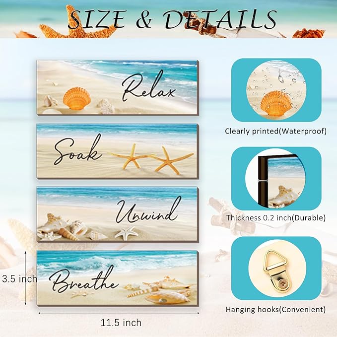 ZINYAZHE 4 Pieces Beach Bathroom Decor Ocean Beach Wall Decors Relax Soak Unwind Breathe Blue Wall Art Wooden Seashell Sea Beach Decorations for Bathroom Living Room Laundry Spa Washroom(12x3.5 Inch)