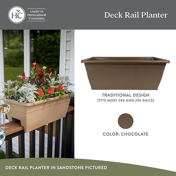 The HC Companies 24 Inch Deck Rail Planter Box with Drainage Plug, Lightweight UV-Resistant Plastic Outdoor Planters for Wood Deck Rail, Flower Box for Garden, Patio, Balcony, and Fence, Chocolate