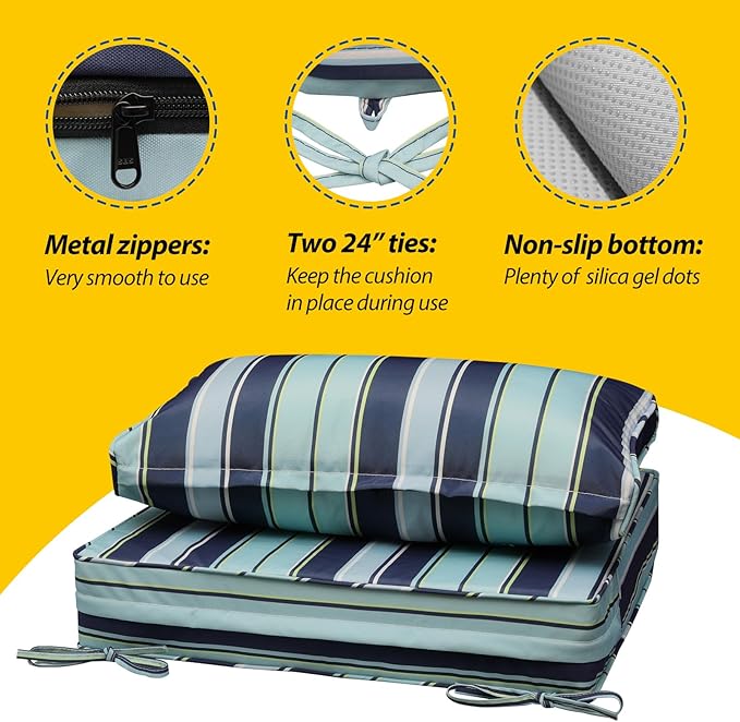 AAAAAcessories Outdoor Seat Cushions for Chairs, Fade-Resistant, Waterproof Patio Furniture Replacement Cushions, 23.5" x 25.5" x 5" + 23.5" x 13.5", Ash Teal Seaside Stripe